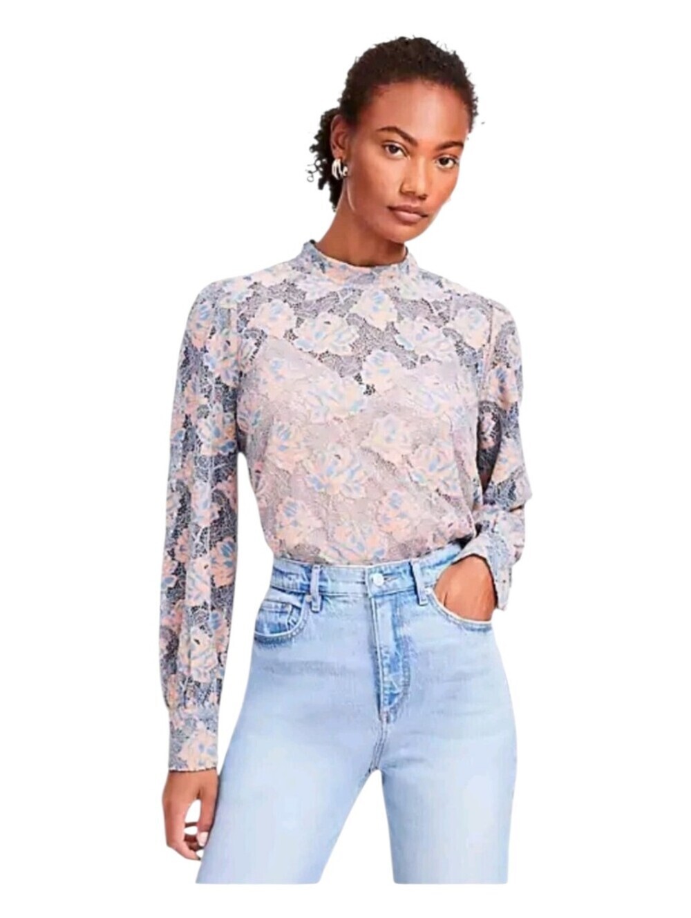 Loft Womens Blue Pink Romantic Victorian Floral Sheer Lace Blouse Small